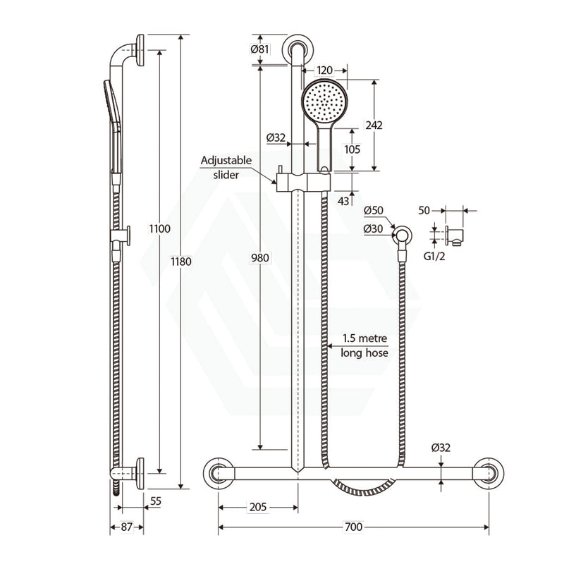 Fienza Luciana Care Chrome Inverted T Rail Shower Left/Right Hand With Handheld