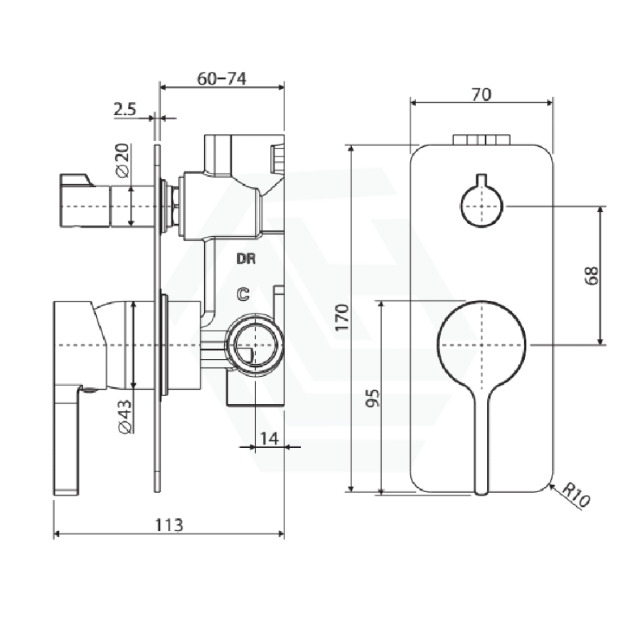 Fienza Sansa Wall Diverter Mixer, Chrome, Soft Square Plate