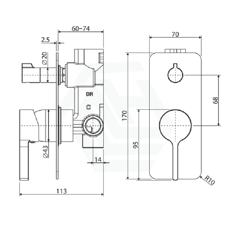 Fienza Sansa Wall Diverter Mixer, Matt Black, Soft Square Plate