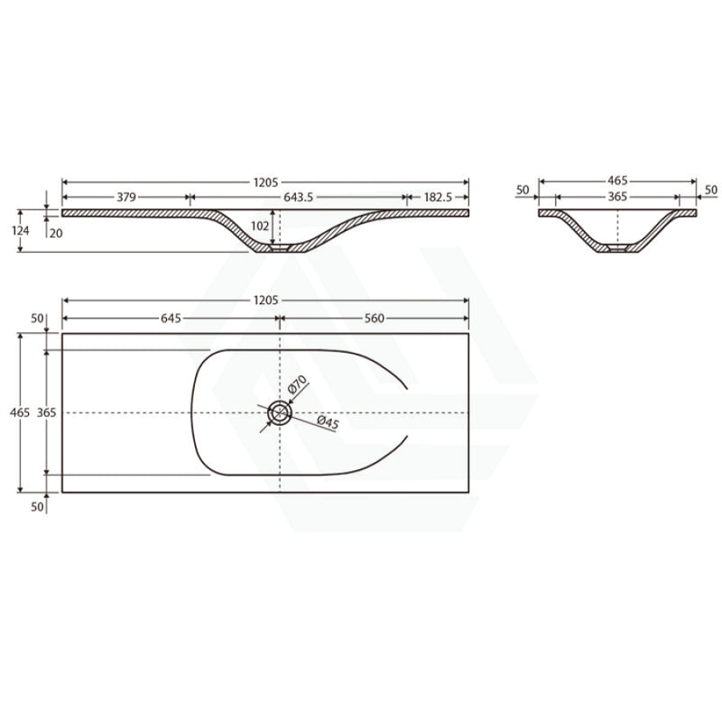 Fienza Satori 750/900/1200Mm Concrete Basin-Top No Tap Hole 1200Mm Vanity Stone Tops