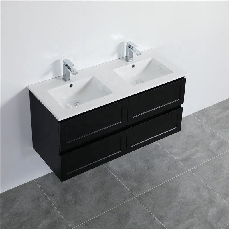 600-1500Mm Wall Hung Pvc Vanity With Matt Black Finish For Bathroom Cabinet Only&Ceramic/Poly Top