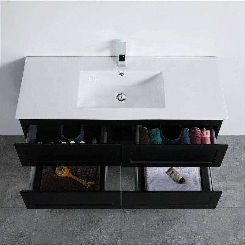 600-1500Mm Wall Hung Pvc Vanity With Matt Black Finish For Bathroom Cabinet Only&Ceramic/Poly Top