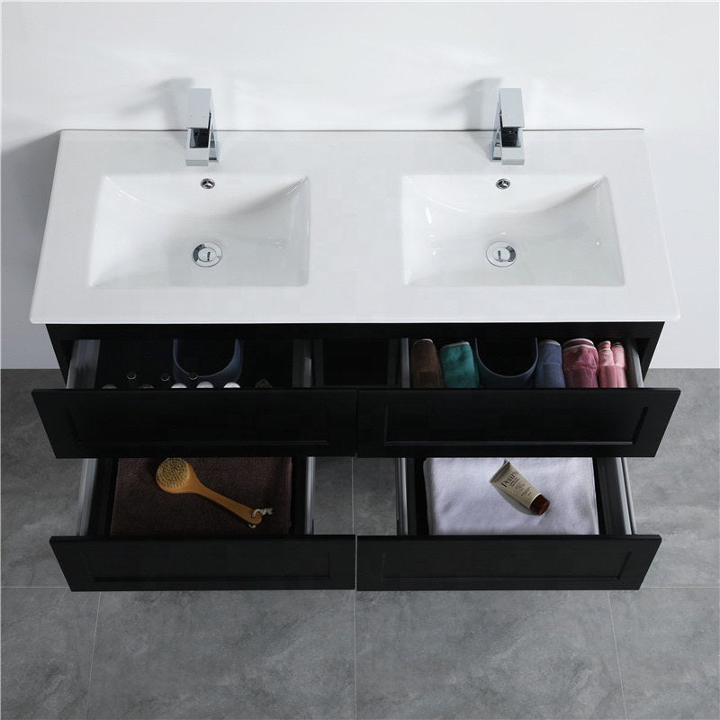 600-1500Mm Wall Hung Pvc Vanity With Matt Black Finish For Bathroom Cabinet Only&Ceramic/Poly Top