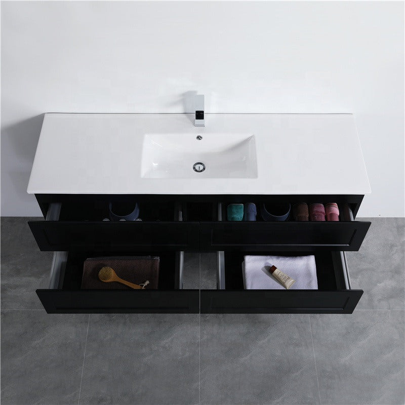 600-1500Mm Wall Hung Pvc Vanity With Matt Black Finish For Bathroom Cabinet Only&Ceramic/Poly Top