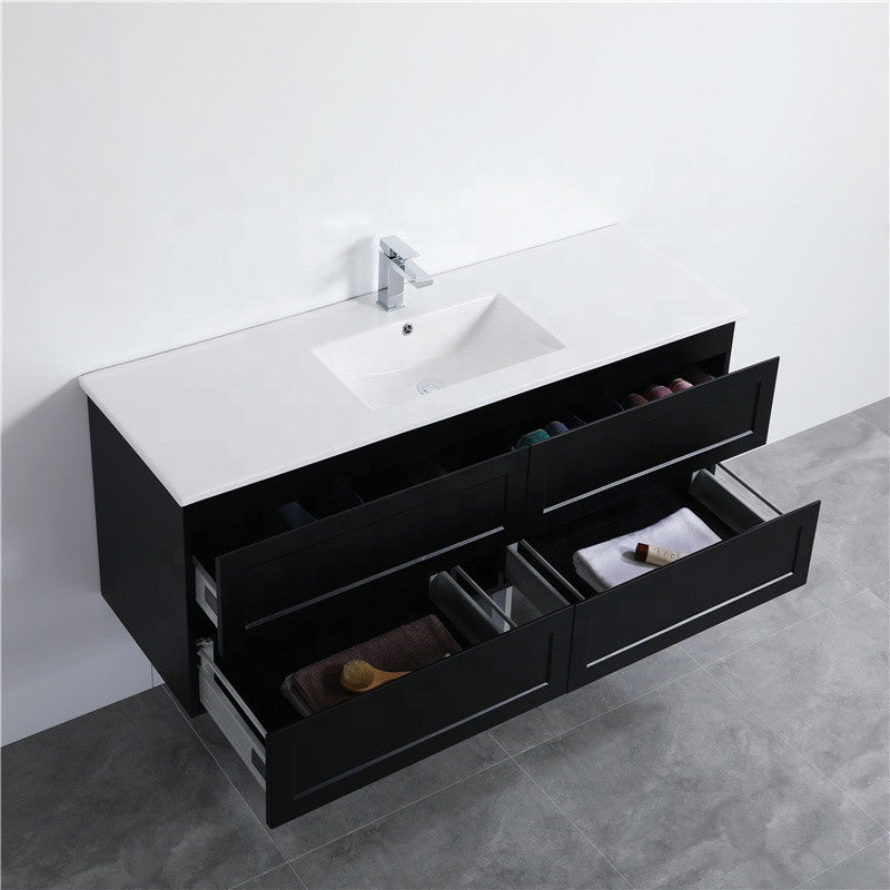 600-1500Mm Wall Hung Pvc Vanity With Matt Black Finish For Bathroom Cabinet Only&Ceramic/Poly Top