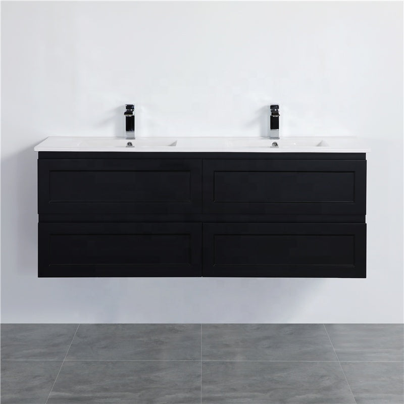 600-1500Mm Wall Hung Pvc Vanity With Matt Black Finish For Bathroom Cabinet Only&Ceramic/Poly Top