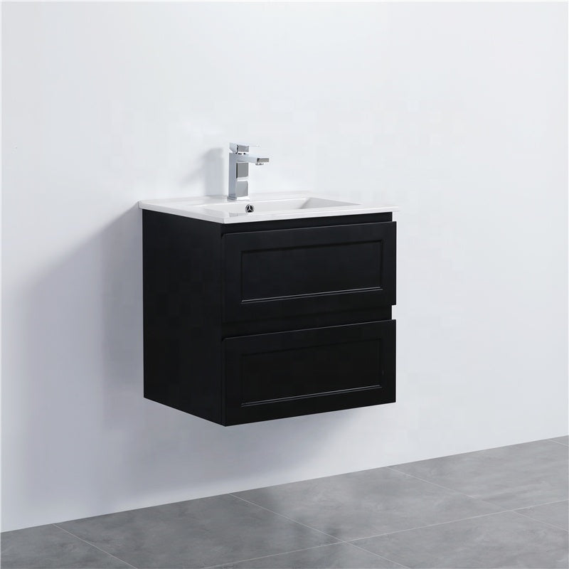 600-1500Mm Wall Hung Pvc Vanity With Matt Black Finish For Bathroom Cabinet Only&Ceramic/Poly Top