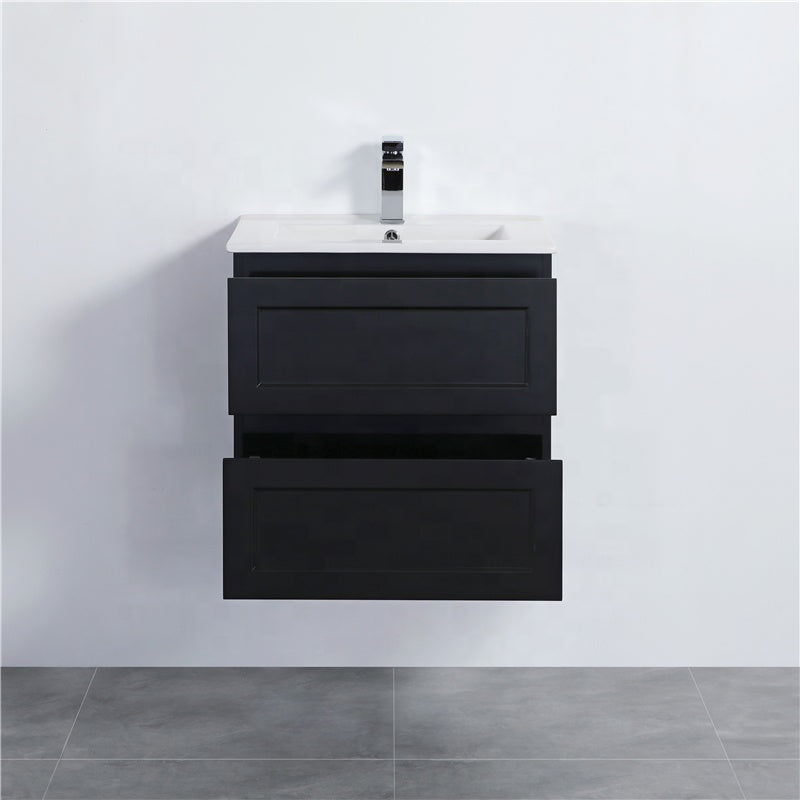 600-1500Mm Wall Hung Pvc Vanity With Matt Black Finish For Bathroom Cabinet Only&Ceramic/Poly Top