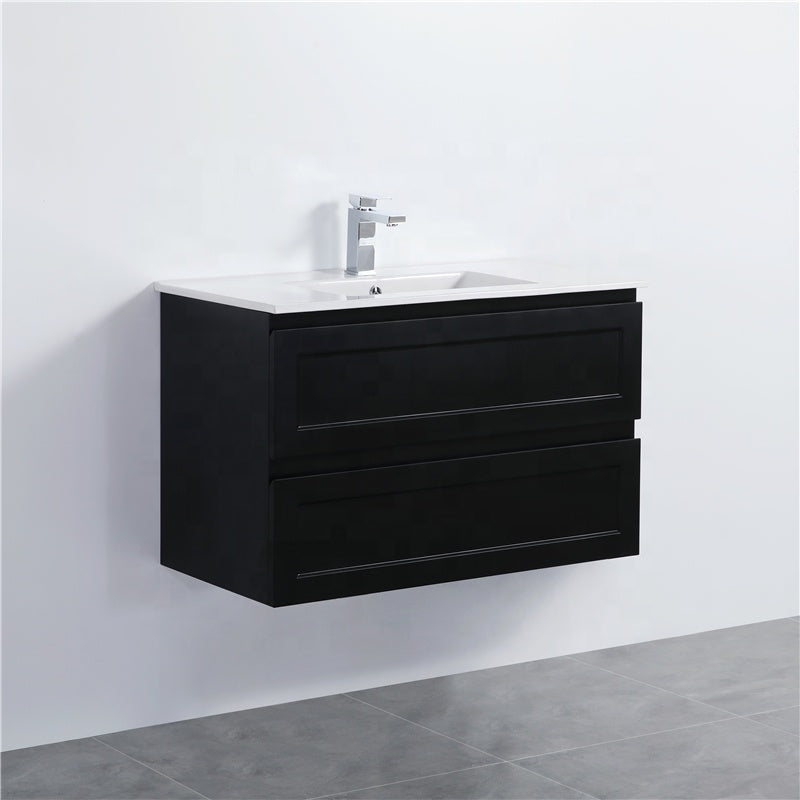 600-1500Mm Wall Hung Pvc Vanity With Matt Black Finish For Bathroom Cabinet Only&Ceramic/Poly Top