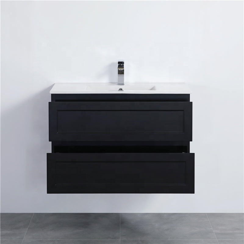 600-1500Mm Wall Hung Pvc Vanity With Matt Black Finish For Bathroom Cabinet Only&Ceramic/Poly Top