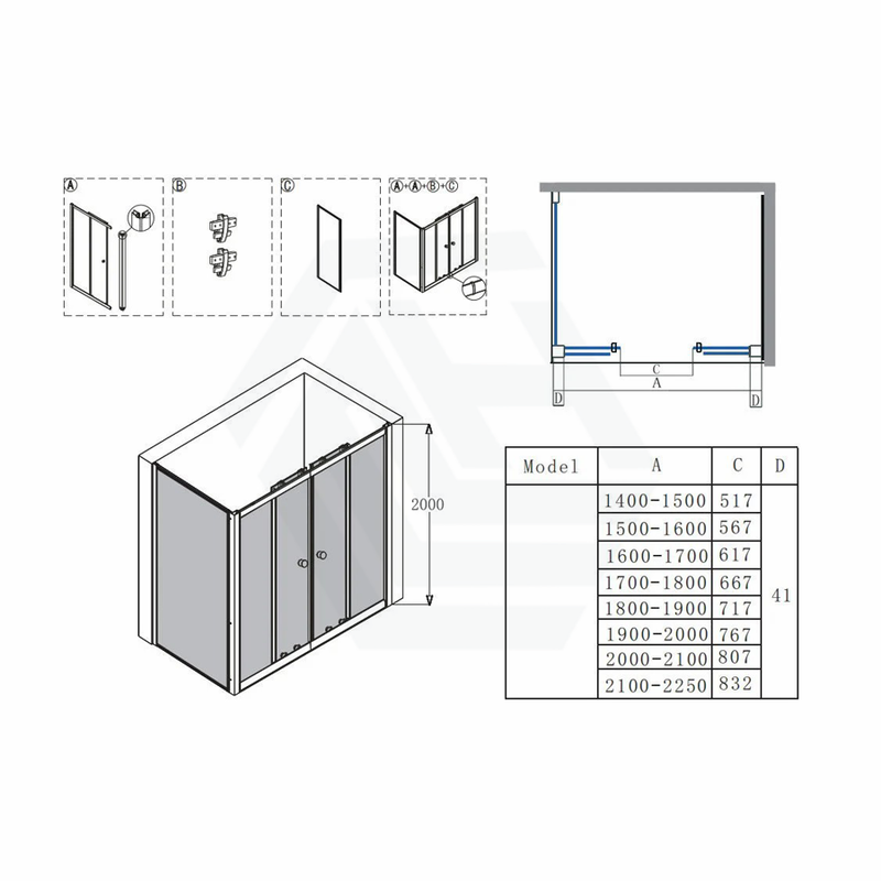 From 1400 To 2250Mm L Shape Shower Screen Semi - Frameless Double Sliding Door Chrome Fittings 6Mm