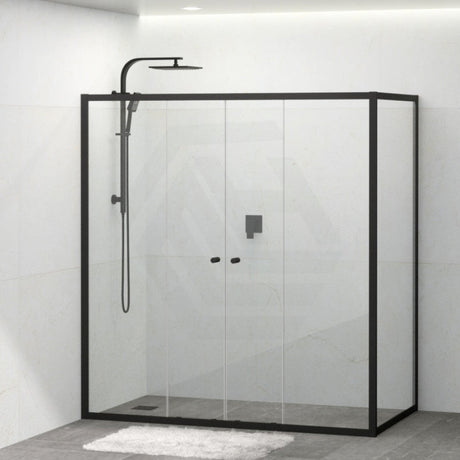 Tempered Glass Semi-frameless Shower Screen L Shape Double Sliding Black