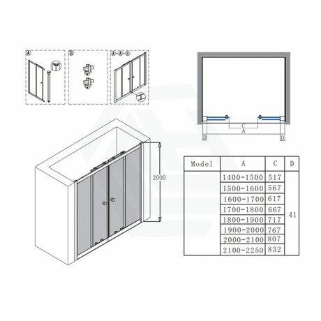 From 1400 To 2250Mm Wall Shower Screen Double Sliding Black Semi - Frameless Fittings Tempered