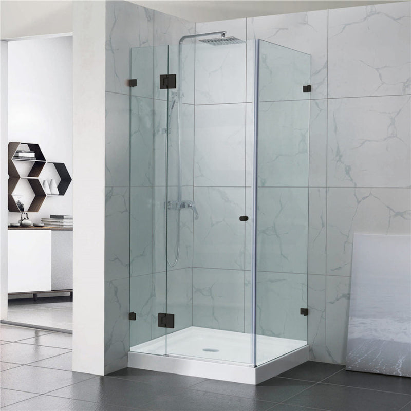 From 800Mm To 1200Mm Square Shower Screen Pivot Door With Return Panel Black Frameless 10Mm Glass