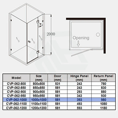 From 800Mm To 1200Mm Square Shower Screen Pivot Door With Return Panel Chrome Frameless 10Mm Glass