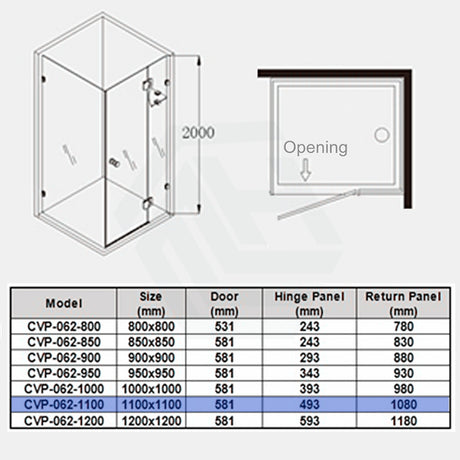 From 800Mm To 1200Mm Square Shower Screen Pivot Door With Return Panel Chrome Frameless 10Mm Glass