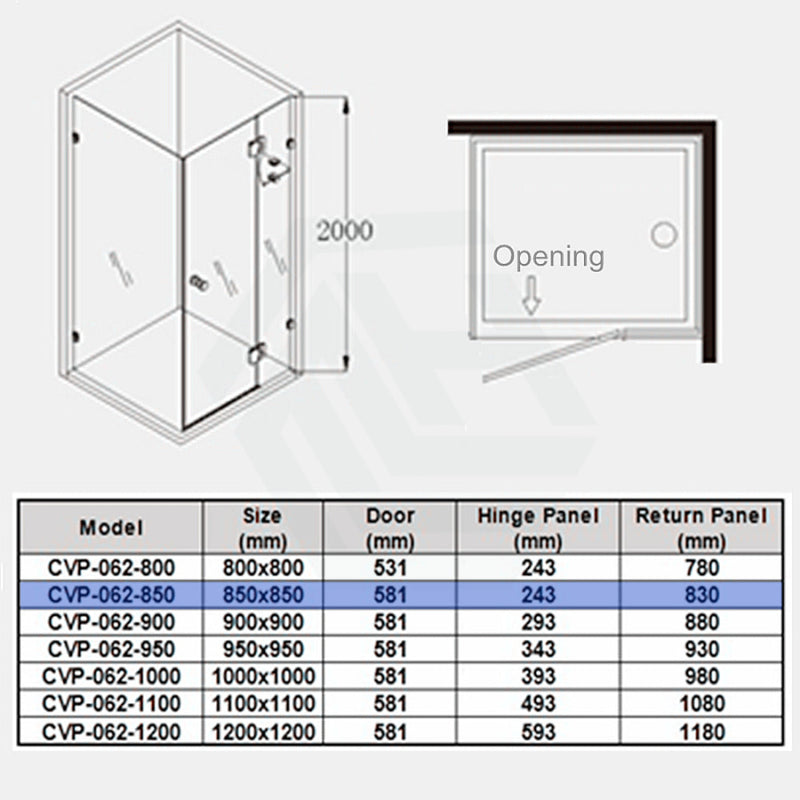 From 800Mm To 1200Mm Square Shower Screen Pivot Door With Return Panel Chrome Frameless 10Mm Glass