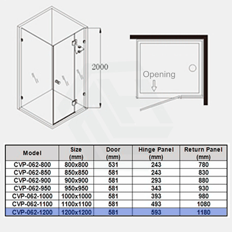 From 800Mm To 1200Mm Square Shower Screen Pivot Door With Return Panel Chrome Frameless 10Mm Glass