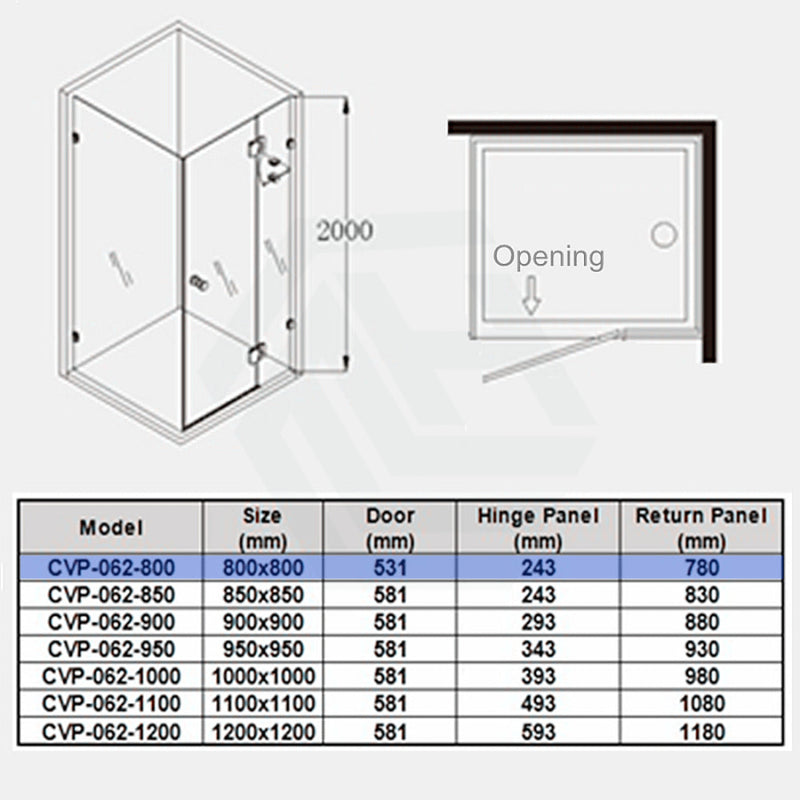 From 800Mm To 1200Mm Square Shower Screen Pivot Door With Return Panel Chrome Frameless 10Mm Glass