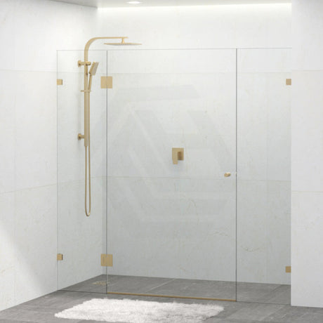 Tempered Glass Frameless Shower Screen Wall To Wall 3 Panels Brushed Gold