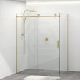 Tempered Glass Frameless L Shape Shower Screen Sliding Square Handle Brushed Gold