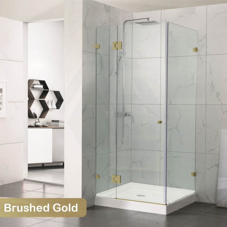 685-1400Mm L Shape Frameless Shower Screen Hinge Door Fix Panel Brushed Gold Fittings 10Mm Glass