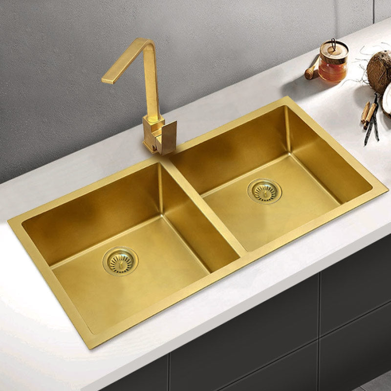 770X450X215Mm Brushed Gold Pvd 1.2Mm Handmade Top/undermount Double Bowls Kitchen Sink