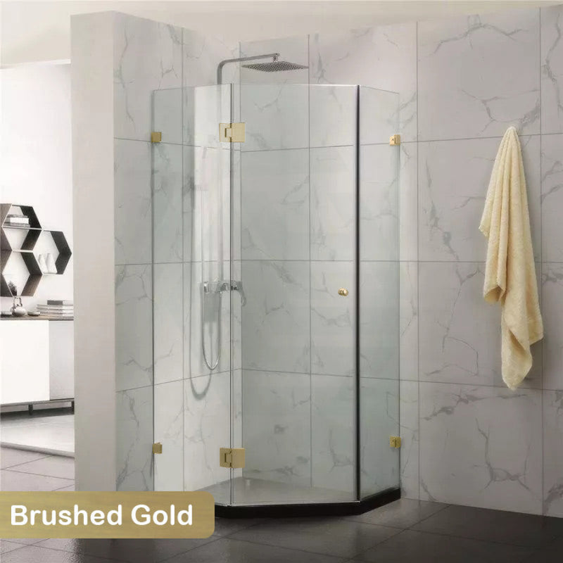 800~1150Mm Diamond Shape Shower Screen Pivot Door Brushed Gold Frameless 10Mm Glass 2000Mm Height