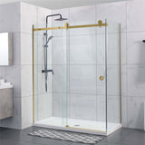 870-1180X2000Mm Brushed Gold Sliding Shower Screen L Shape Frameless Square Rail 10Mm Glass Embedded