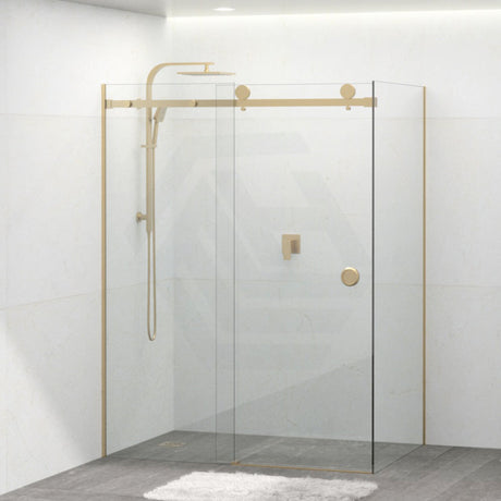 Tempered Glass Frameless L Shape Shower Screen Sliding Round Handle Brushed Gold