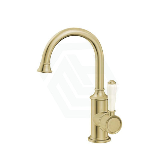 G#2(Gold) Ikon Clasico Gooseneck Brushed Gold Solid Brass Basin Mixer Brass/Ceramic Handle Tall