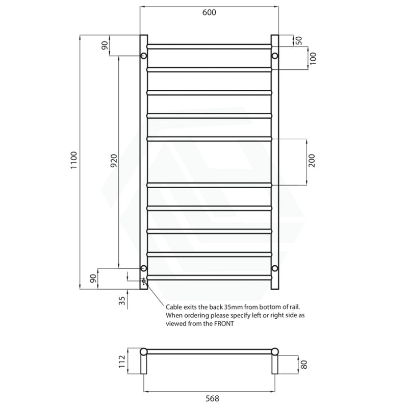 Radiant Light Gold Heated Round Ladder Towel Rail 600 X 1100Mm 10 Bars Rails