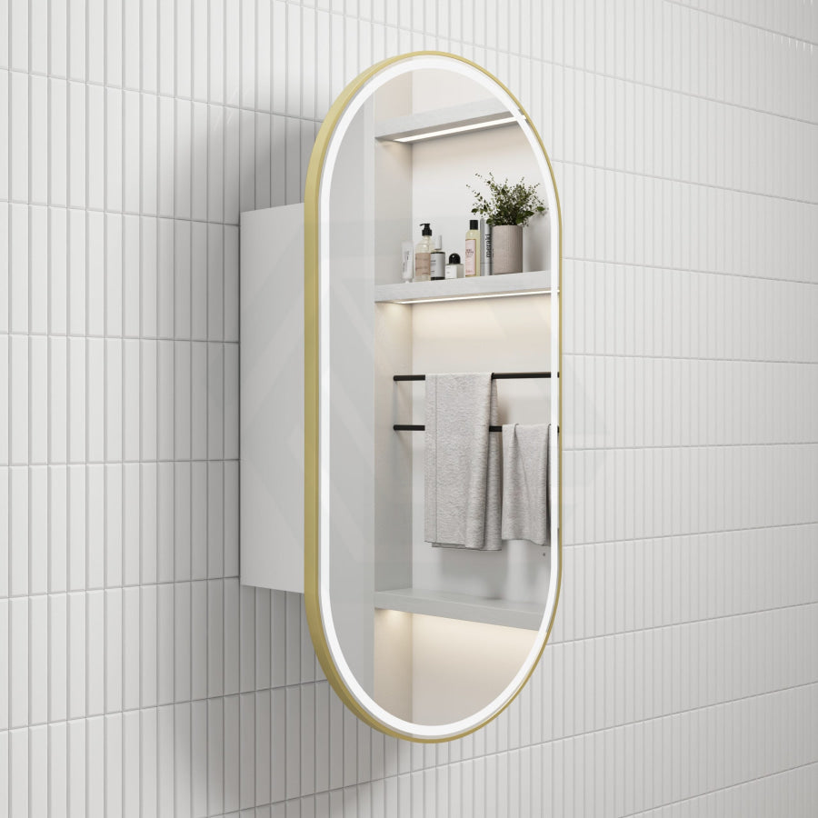 G#6(Gold) 450X900Mm Beau Monde Led Mirror Oval Shaving Cabinet Matt White Finish Brushed Gold