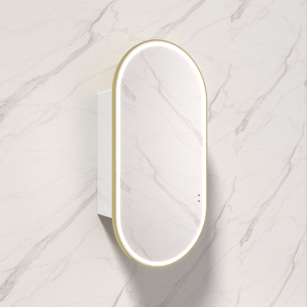 G#6(Gold) 450X900Mm Beau Monde Led Mirror Oval Shaving Cabinet Matt White Finish Brushed Gold