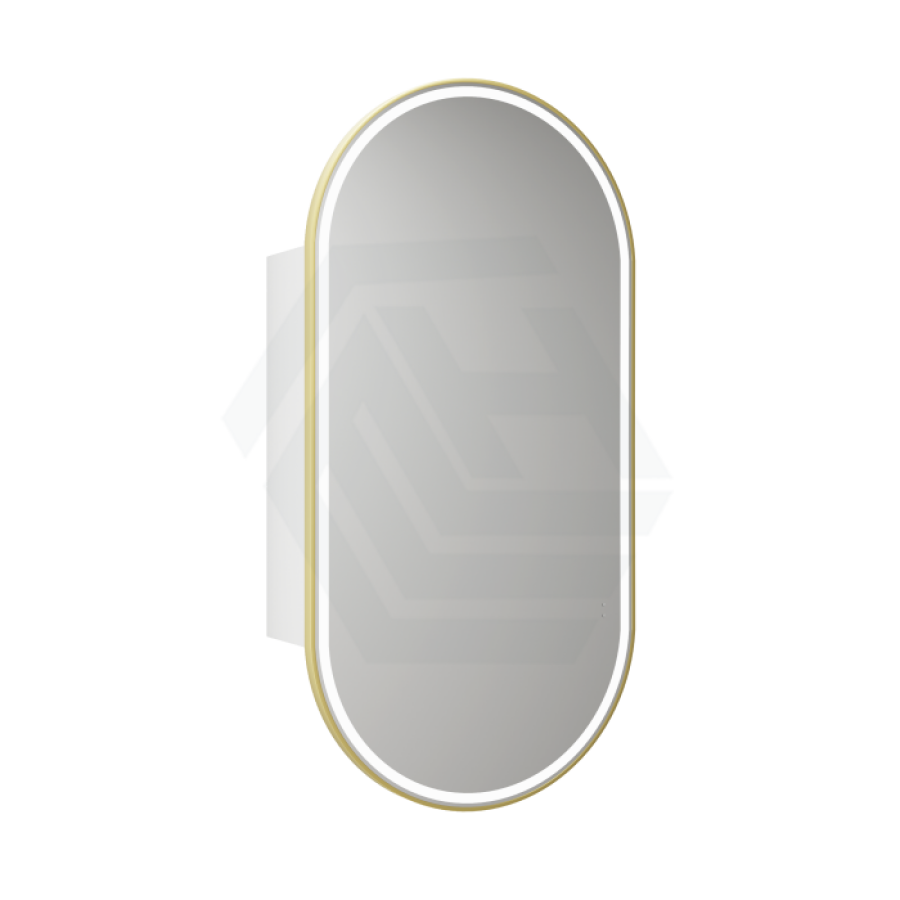 G#6(Gold) 450X900Mm Beau Monde Led Mirror Oval Shaving Cabinet Matt White Finish Brushed Gold