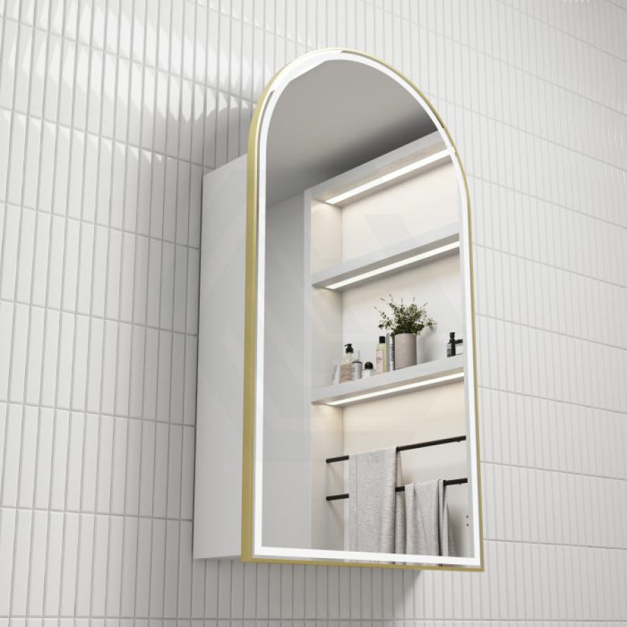 G#6(Gold) 500X900Mm Canterbury Led Mirror Arch Shaving Cabinet Matt White Finish Brushed Gold