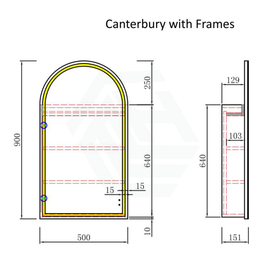 G#6(Gold) 500X900Mm Canterbury Led Mirror Arch Shaving Cabinet Matt White Finish Brushed Gold