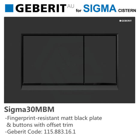 Geberit Sigma30Mbm Matt Black Plate Offset Trim Fingerprint-Resistant Button For Toilet Cistern