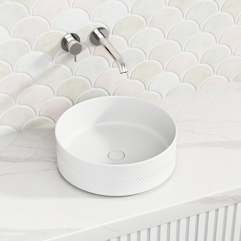 360x360x120mm Above Counter Basin Matt White Diagonal Pattern Bathroom Round Ceramic Wash Basin