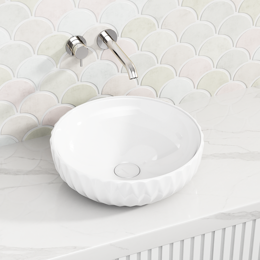 400x400x130mm Above Counter Basin Gloss White Bathroom Round Ceramic Wash Basin Diagonal Pattern