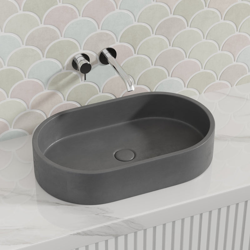 580mm Oval Matte Grey Above Counter Concrete Basin Pop-up Waste Included