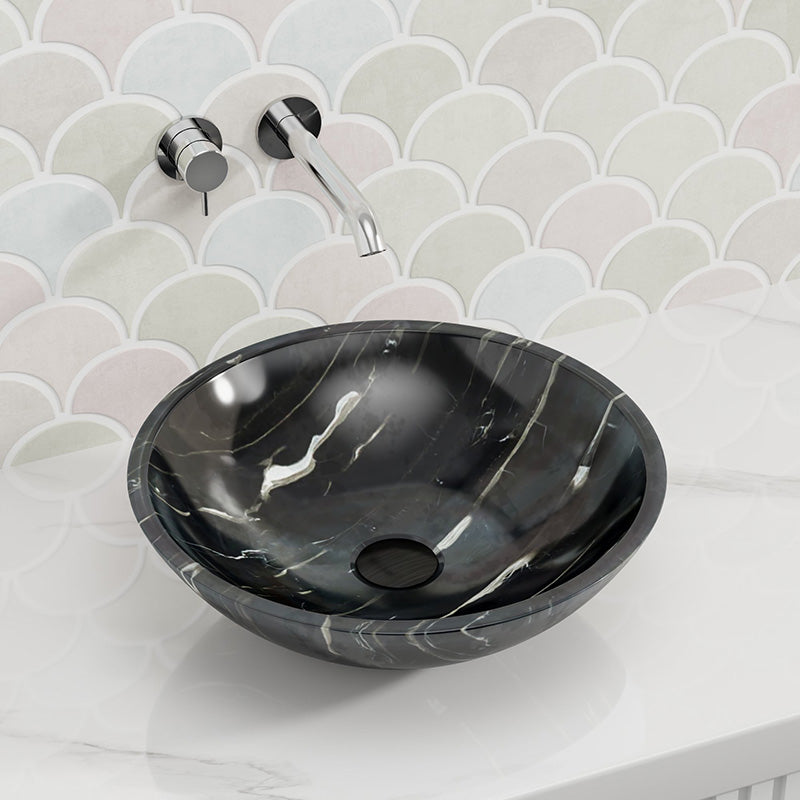 420x420x140mm Gloss Black Marble Stone Wash Basin Nero Marquina Round