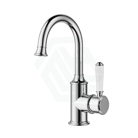 Ikon Clasico Gooseneck Chrome Solid Brass Basin Mixer For Vanity And Sink Brass/Ceramic Handle White