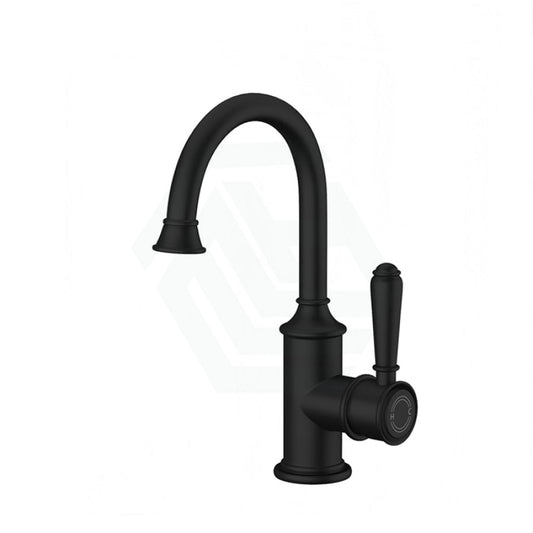 Ikon Clasico Gooseneck Matt Black Solid Brass Basin Mixer Brass/Ceramic Handle Tall Mixers