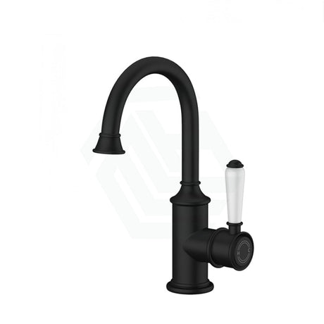 Ikon Clasico Gooseneck Matt Black Solid Brass Basin Mixer Brass/Ceramic Handle Tall Mixers