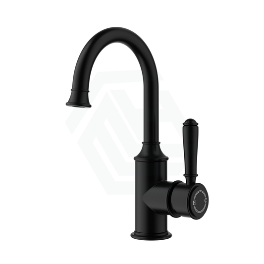 Ikon Clasico Gooseneck Matt Black Solid Brass Basin Mixer For Vanity And Sink Brass/Ceramic Handle