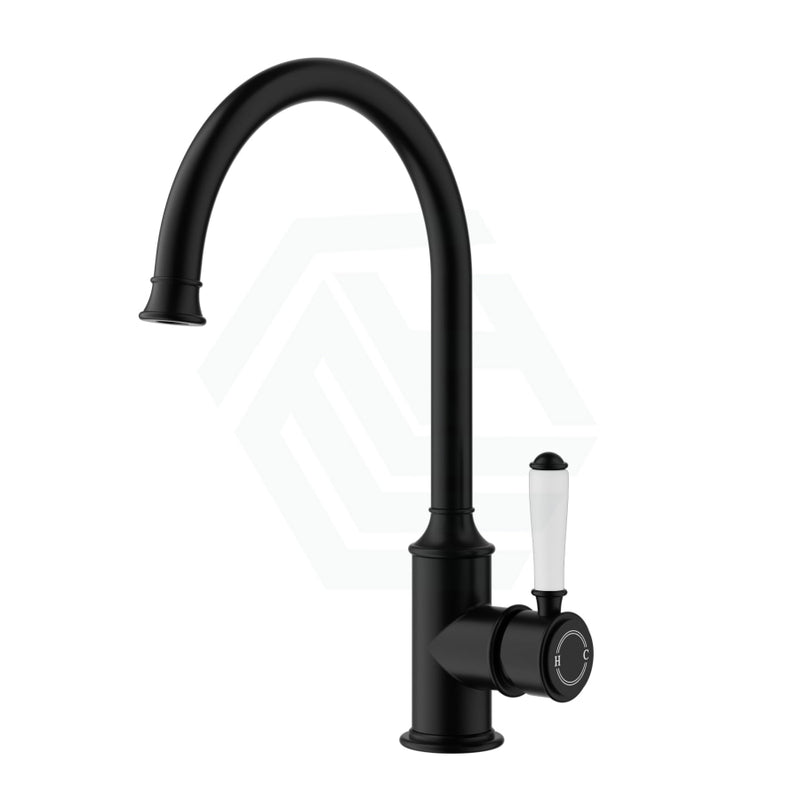 Ikon Clasico Matt Black Brass Gooseneck Sink Mixer With Brass/Ceramic Handle Ceramic Swivel Mixers