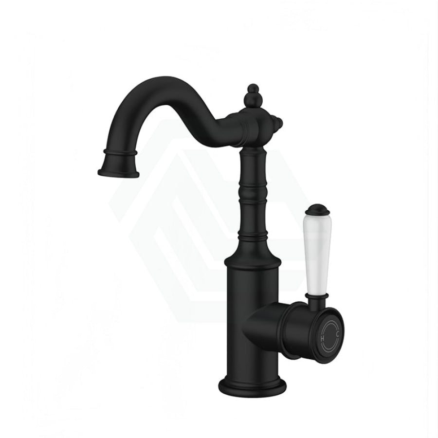 Ikon Clasico Matt Black Solid Brass Basin Mixer Brass/Ceramic Handle Tall Mixers