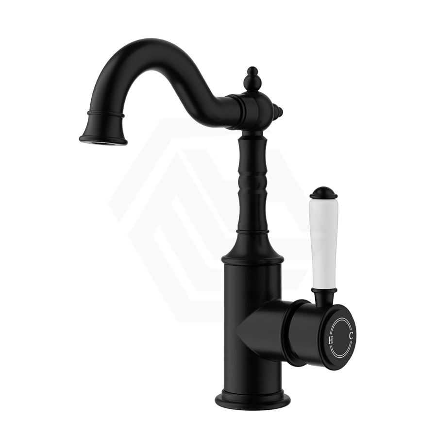 Ikon Clasico Matt Black Solid Brass Basin Mixer For Vanity And Sink Brass/Ceramic Handle White