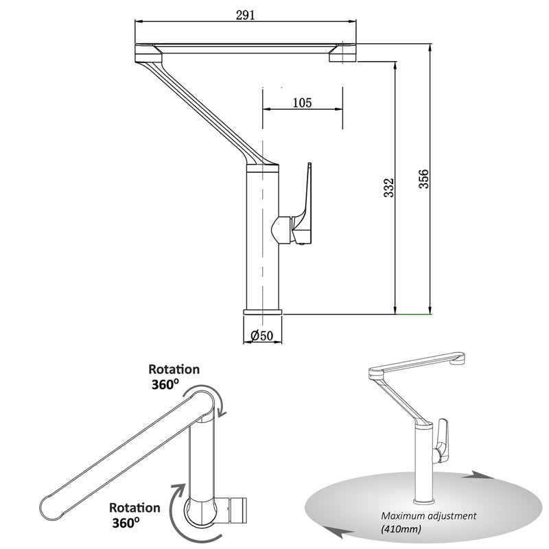 Matt Black Brass Kitchen Mixer Tap 360° Swivel Spout & Body 90° Lever Handle Products